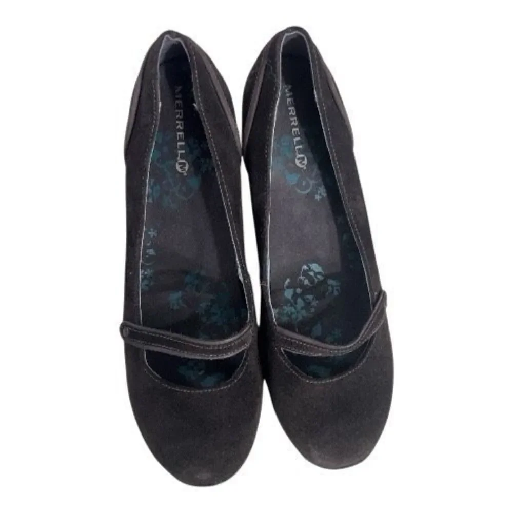 MERRELL PETUNIA Shoes Size 9 Floral Brown Suede Slip On Leather Wedge Heels